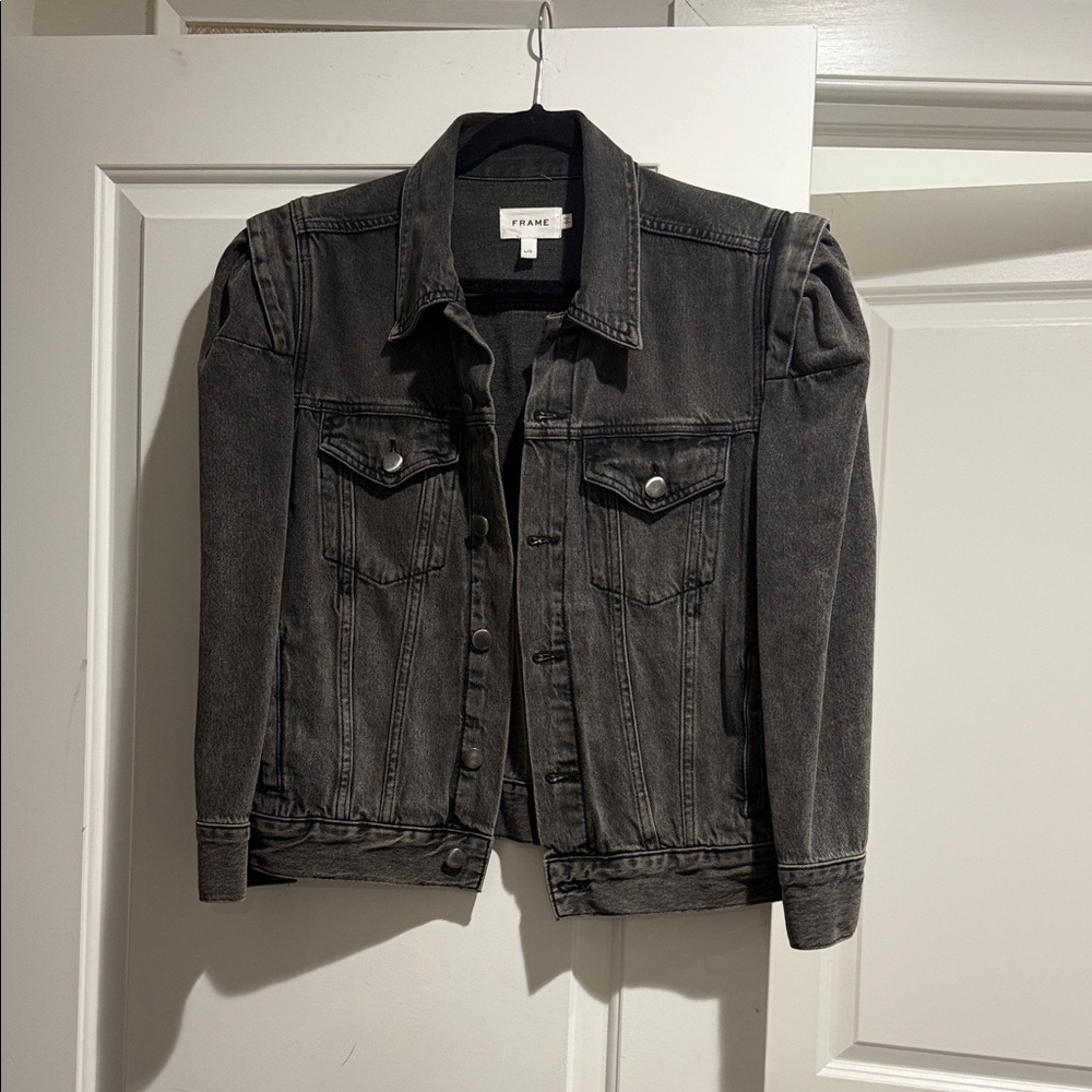 Frame Denim Black Washed Puff Shoulder Jean Jacket